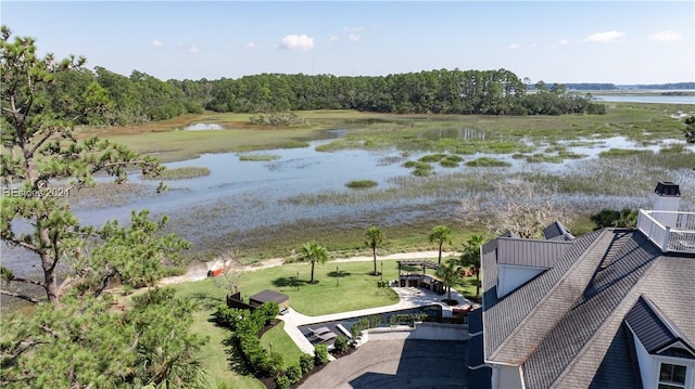 drone / aerial view featuring a water view