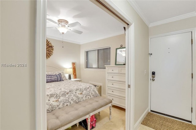 bedroom with crown molding and ceiling fan