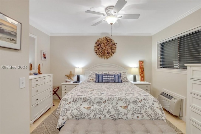 bedroom featuring crown molding, a wall mounted AC, and ceiling fan