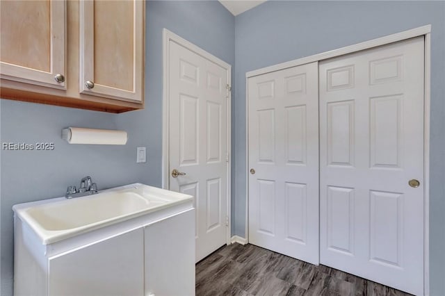 laundry room with dark wood-type flooring