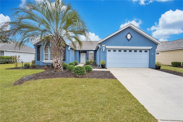 ranch-style home featuring a garage and a front yard