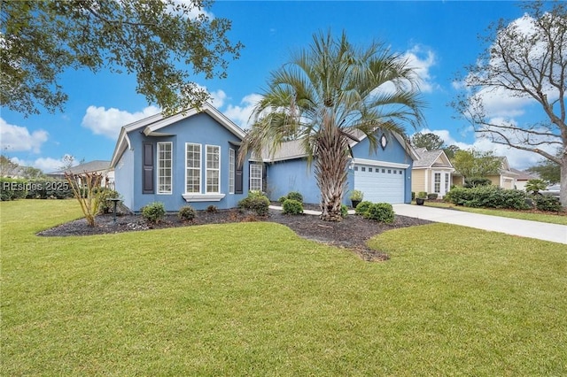 single story home featuring a garage and a front yard