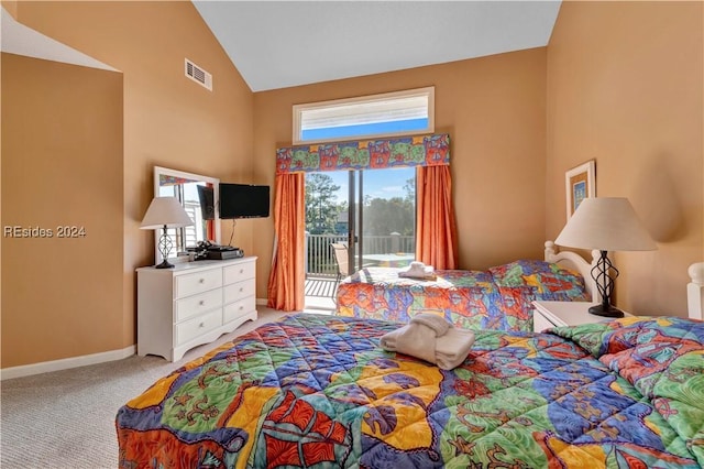 bedroom featuring carpet flooring, access to exterior, and high vaulted ceiling