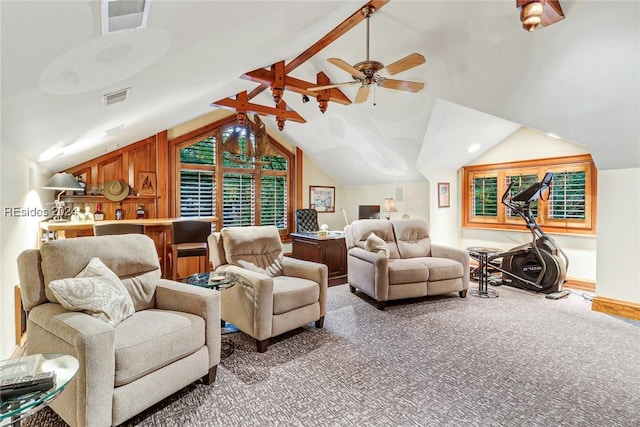 living room featuring ceiling fan, vaulted ceiling, carpet, and wood walls