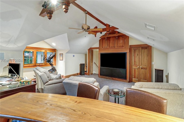 carpeted living room featuring lofted ceiling and ceiling fan