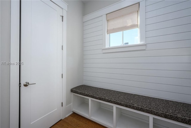 mudroom featuring dark wood-type flooring and wood walls