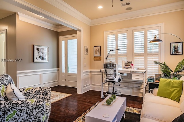 office space with dark wood-type flooring and ornamental molding