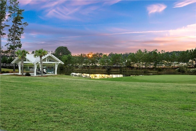 view of home's community with a water view and a yard