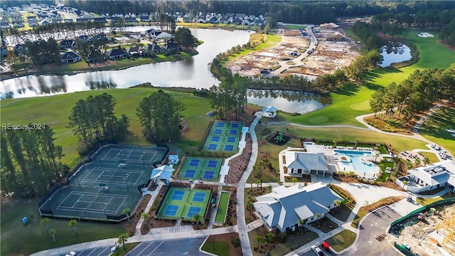 drone / aerial view featuring a water view