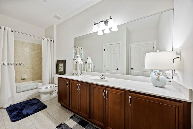 full bathroom with vanity, tile patterned flooring, toilet, and shower / tub combo with curtain