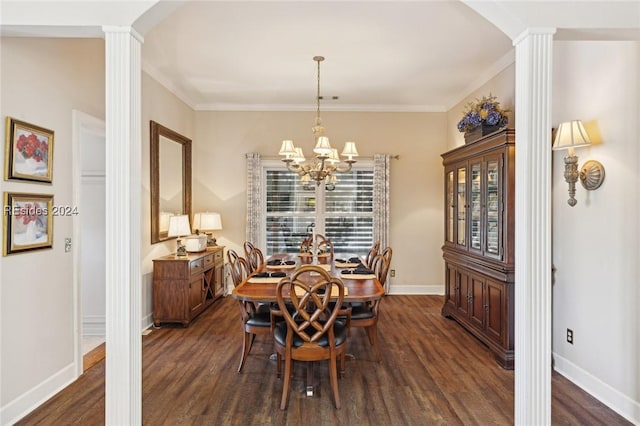 dining area with decorative columns, crown molding, dark wood-type flooring, and an inviting chandelier