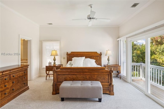 carpeted bedroom with multiple windows, ornamental molding, access to outside, and ceiling fan