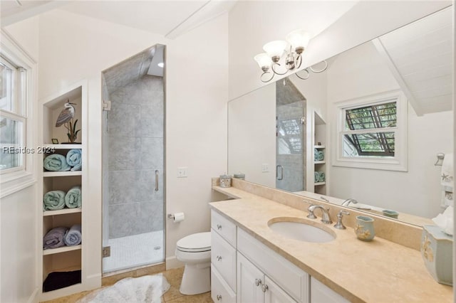 bathroom with an enclosed shower, vanity, tile patterned floors, and toilet