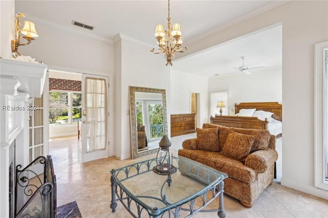 interior space featuring multiple windows, crown molding, an inviting chandelier, and french doors