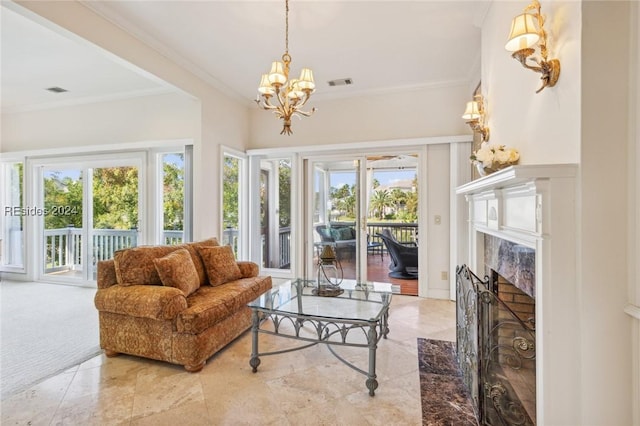 interior space featuring an inviting chandelier and a fireplace