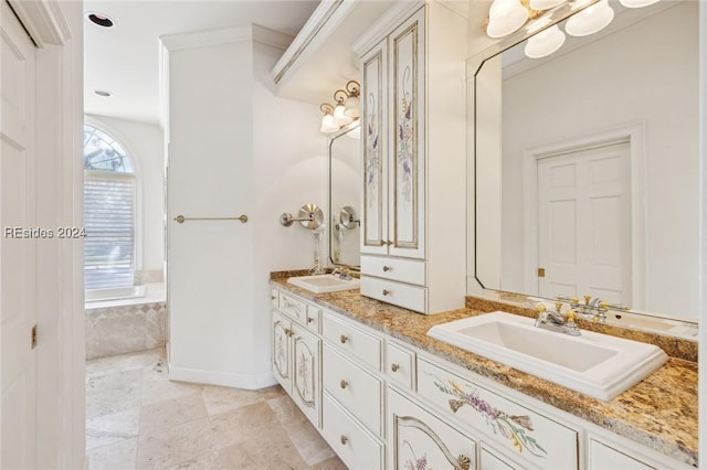 bathroom featuring a relaxing tiled tub, vanity, and ornamental molding