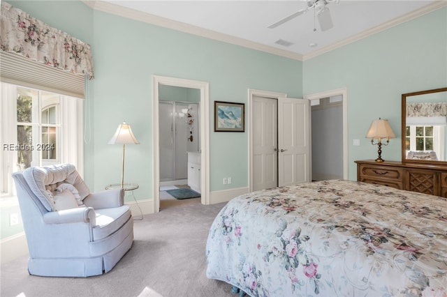 carpeted bedroom featuring crown molding, ceiling fan, and connected bathroom