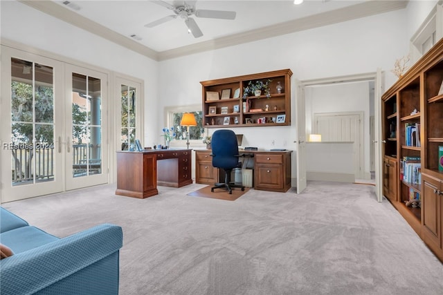 office area with ornamental molding, light colored carpet, and french doors