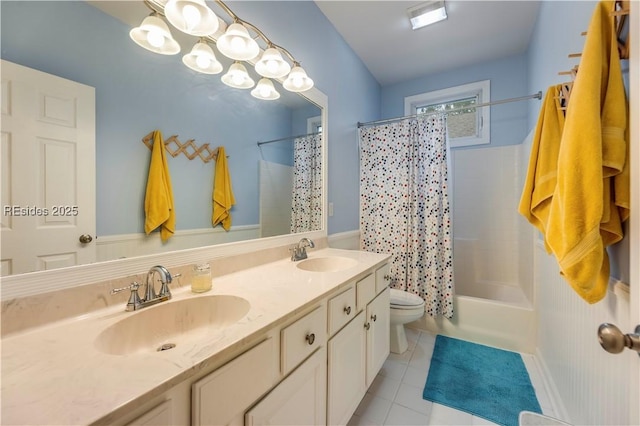 full bathroom with toilet, tile patterned floors, shower / bathtub combination with curtain, and vanity