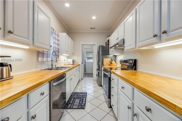 kitchen with electric stove, dishwashing machine, and white cabinets