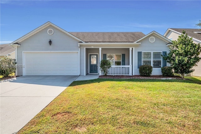 single story home with a garage, a front yard, and a porch