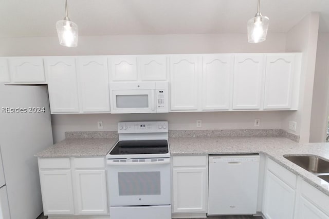 kitchen featuring pendant lighting, white cabinets, white appliances, and light stone counters