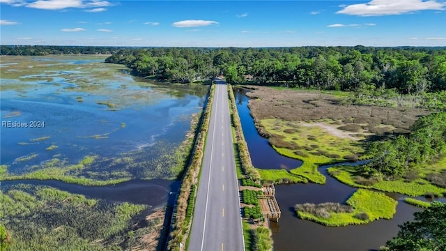 drone / aerial view with a water view