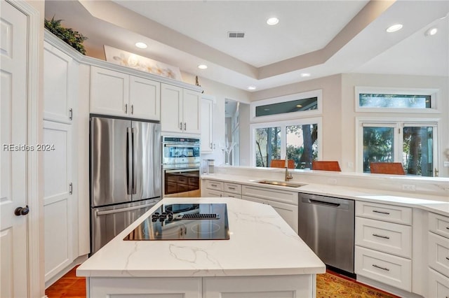 kitchen featuring stainless steel appliances, white cabinetry, light stone counters, and a tray ceiling