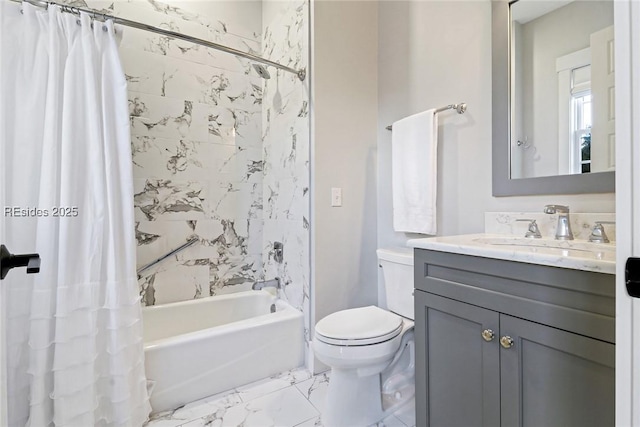 full bathroom with shower / bath combination with curtain, vanity, and toilet