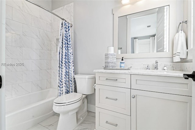 full bathroom featuring shower / tub combo, vanity, and toilet