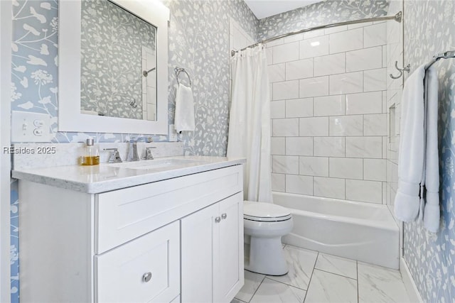 full bathroom featuring toilet, vanity, and shower / bath combo with shower curtain