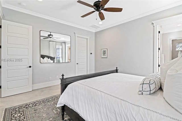 bedroom featuring ornamental molding, light colored carpet, and ceiling fan