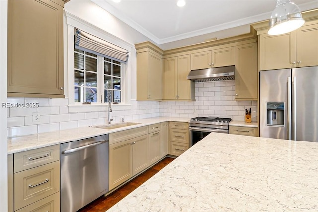 kitchen featuring appliances with stainless steel finishes, sink, decorative backsplash, ornamental molding, and light stone countertops