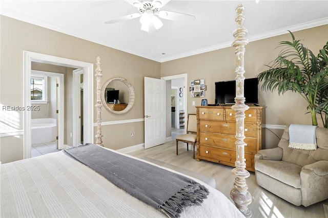 bedroom with ceiling fan, ensuite bathroom, light hardwood / wood-style floors, and ornamental molding