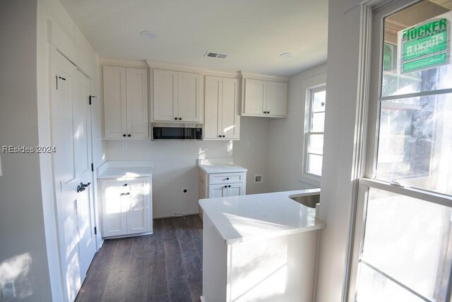 kitchen with white cabinetry and dark hardwood / wood-style flooring