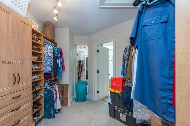 walk in closet with light carpet