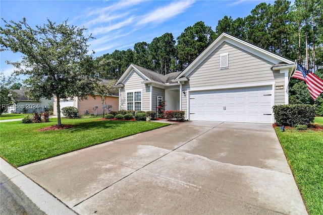 ranch-style home with a garage and a front lawn