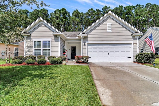 single story home featuring a garage and a front lawn