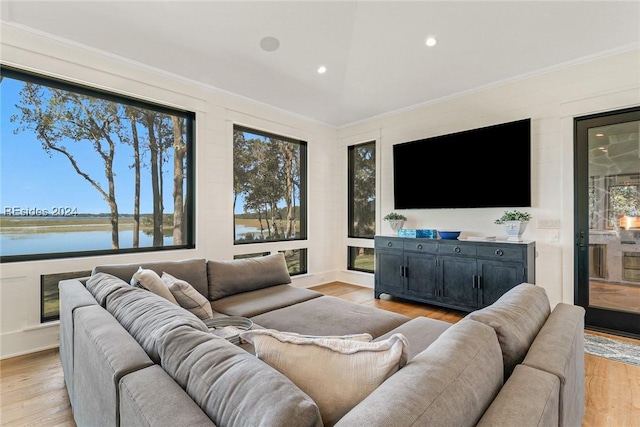 living room featuring lofted ceiling, ornamental molding, and light wood-type flooring