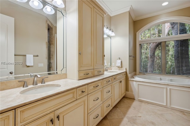 bathroom with vanity, ornamental molding, and separate shower and tub