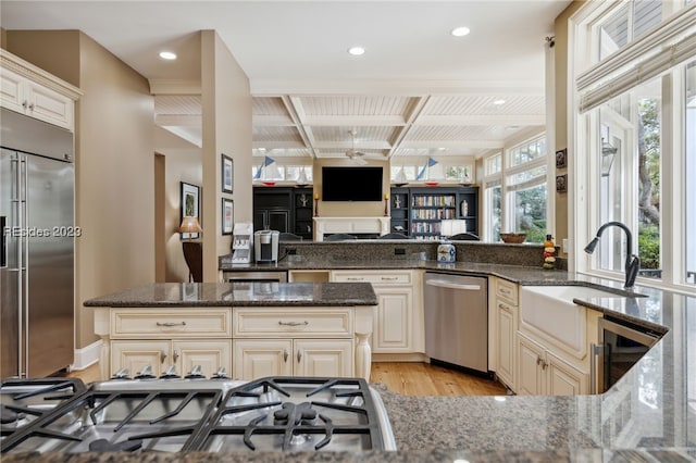 kitchen featuring stainless steel appliances, light wood-type flooring, and dark stone countertops