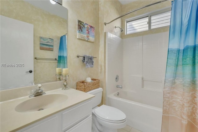 full bathroom featuring vanity, toilet, and shower / tub combo