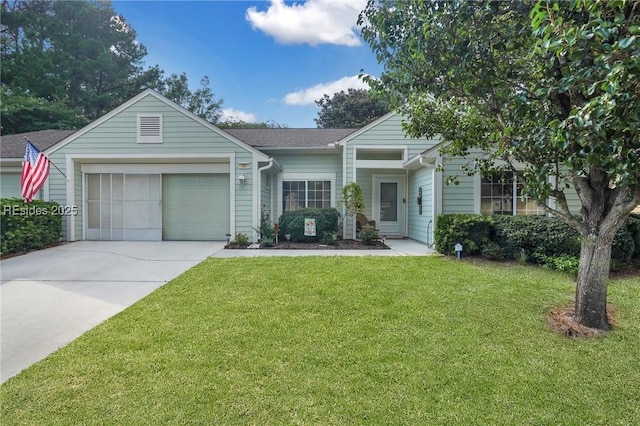 single story home with a garage and a front yard