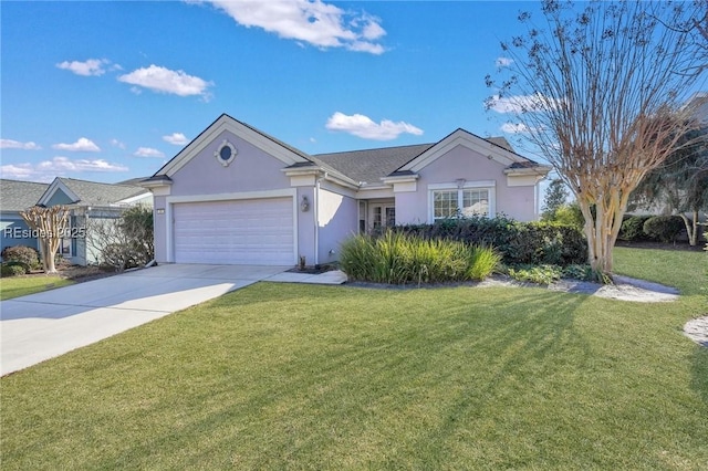 ranch-style home featuring a garage and a front lawn