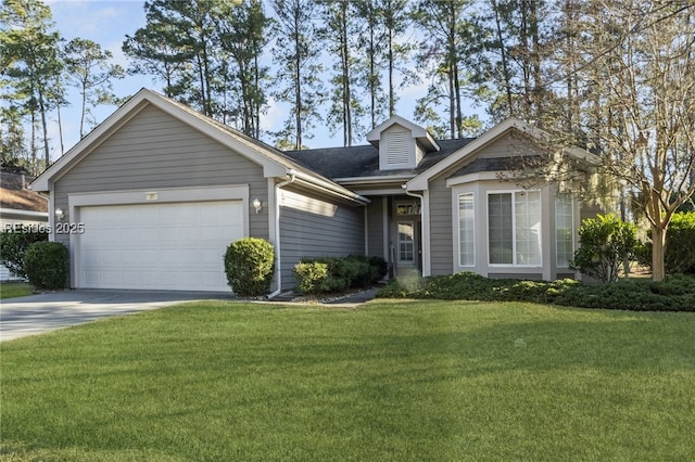 ranch-style home with a garage and a front lawn