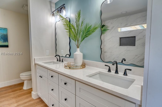 bathroom with hardwood / wood-style flooring, vanity, and toilet