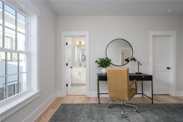 office area featuring sink and light hardwood / wood-style flooring