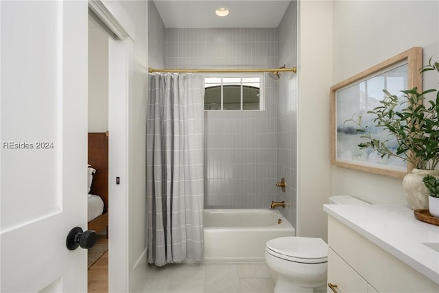 full bathroom featuring tile patterned flooring, vanity, shower / bathtub combination with curtain, and toilet