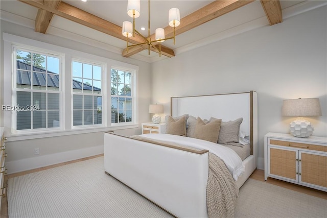 bedroom with beamed ceiling, coffered ceiling, an inviting chandelier, and multiple windows