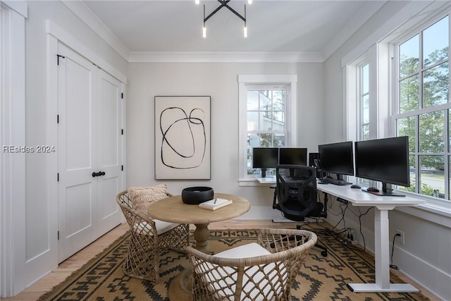 office with a notable chandelier, ornamental molding, a healthy amount of sunlight, and light wood-type flooring